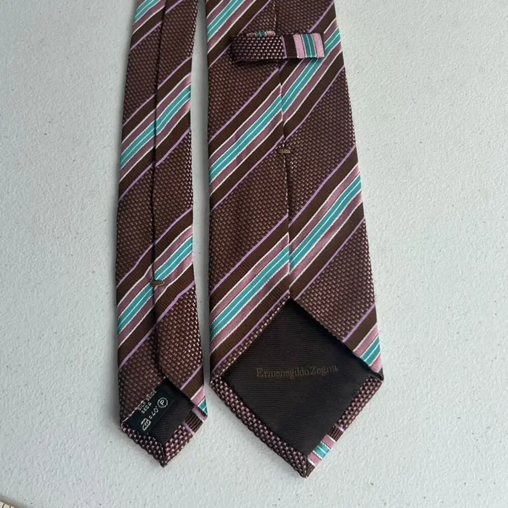Ermenegildo Zegna Silk Neck Tie Geometric Striped Brown Pink Blue